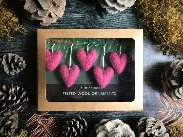 Wool heart ornaments in Wild Rose Pink, a handmade Oregon holiday decoration