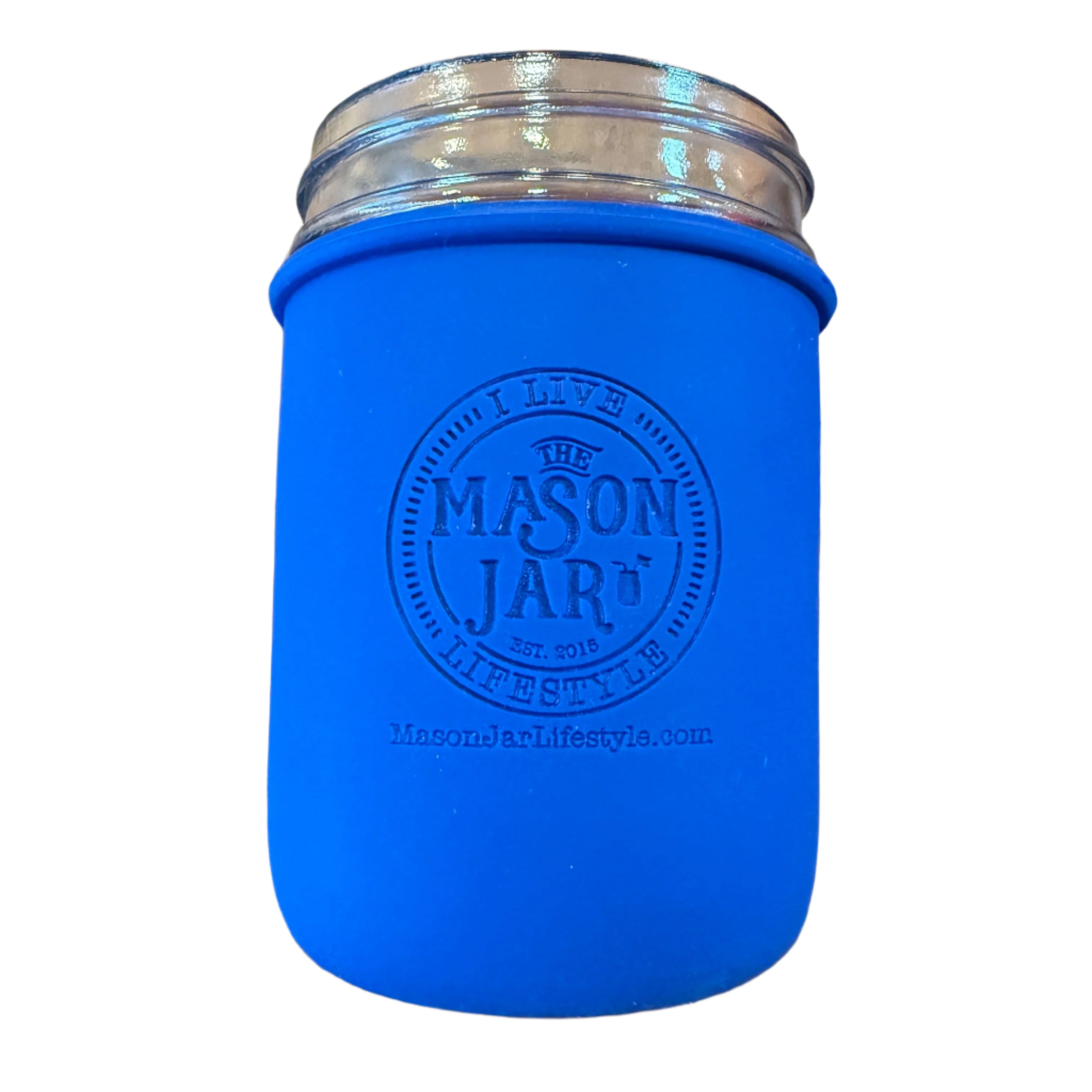 Blue mason jar with silver lid on a white background