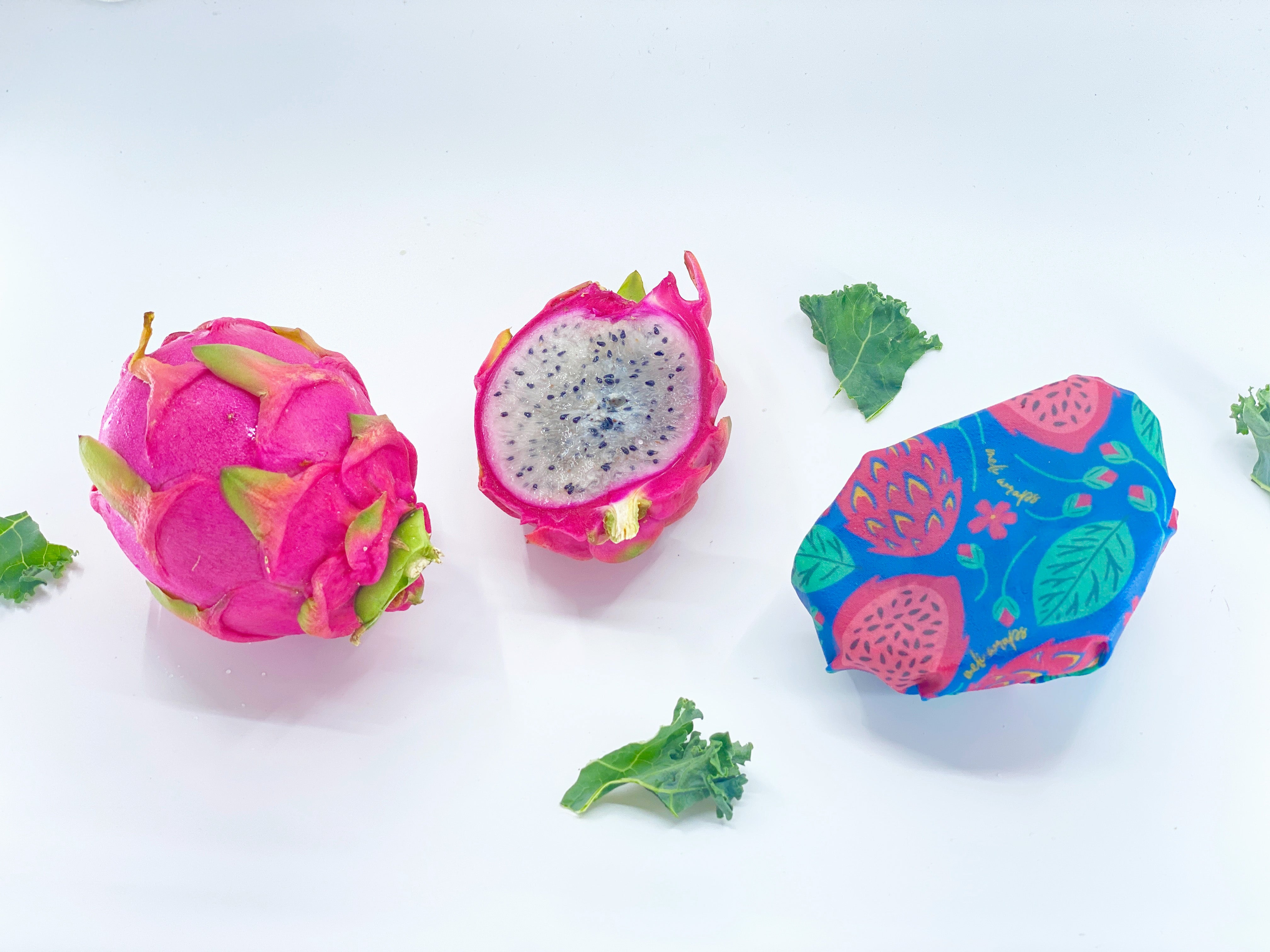 Dragon fruit with a colorful packaging on a white background