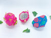 Dragon fruit with a colorful packaging on a white background