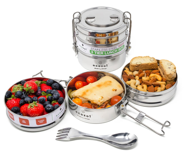Pack meals, not waste! ecozoi 3-Tier Lunch Box - stainless steel, leakproof, stackable, 40oz, spork included. Large capacity, compact design, eco-friendly. Shop sustainable lunchware now!