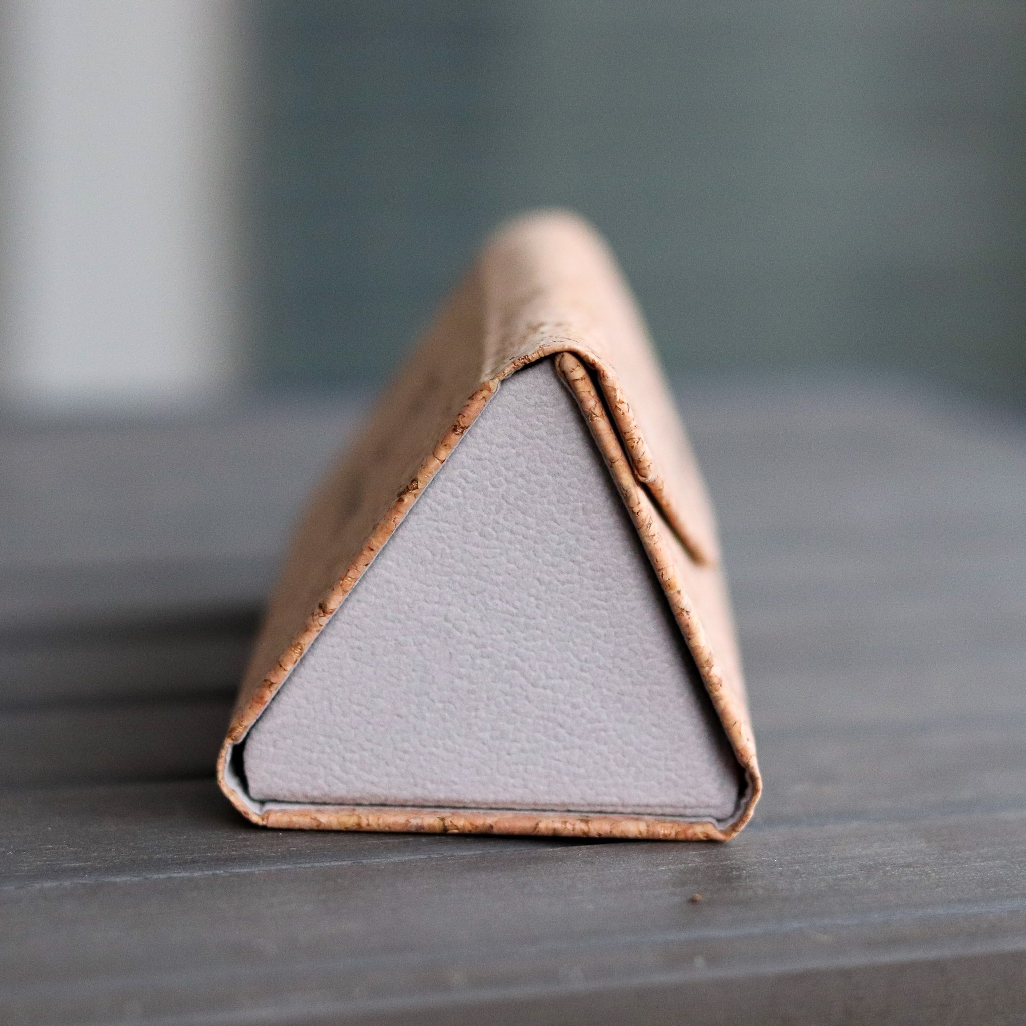 Close-up of soft cork exterior texture on Joycoast folding sunglasses case