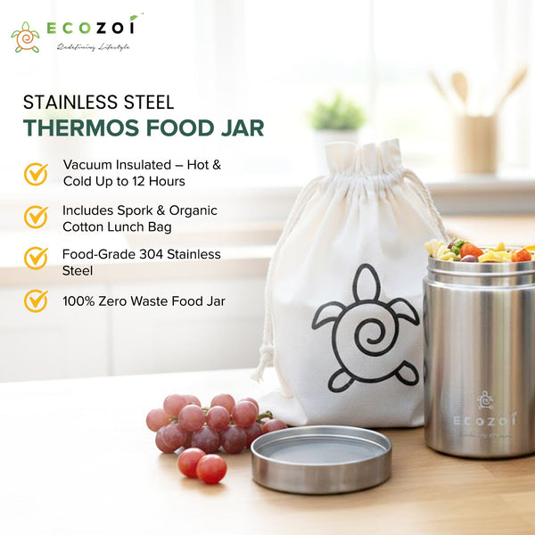 Ecozoi 17 oz Stainless Steel Insulated Food Jar with Spork & Organic Cotton Lunch Bag