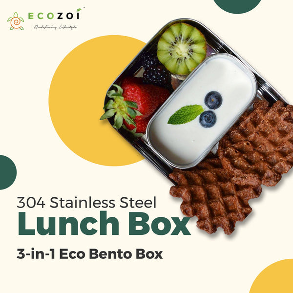 Ecozoi Stainless Steel Bento Lunch Box – 3 Compartment, 2 Tier, Leak Proof, 60 oz