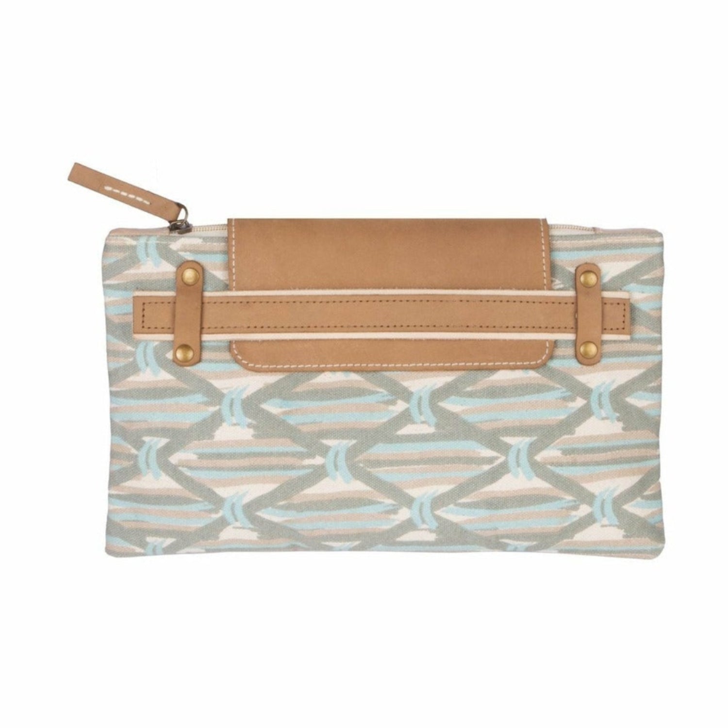 Bar Harbor Canvas Clutch Tote Bag in teal with nautical stripe side panels and beachgoer print
