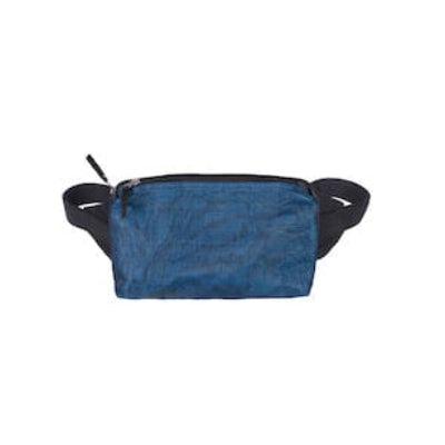 Grace belt bag in navy industrial net styled as a fanny pack, adjustable strap, made by Smateria