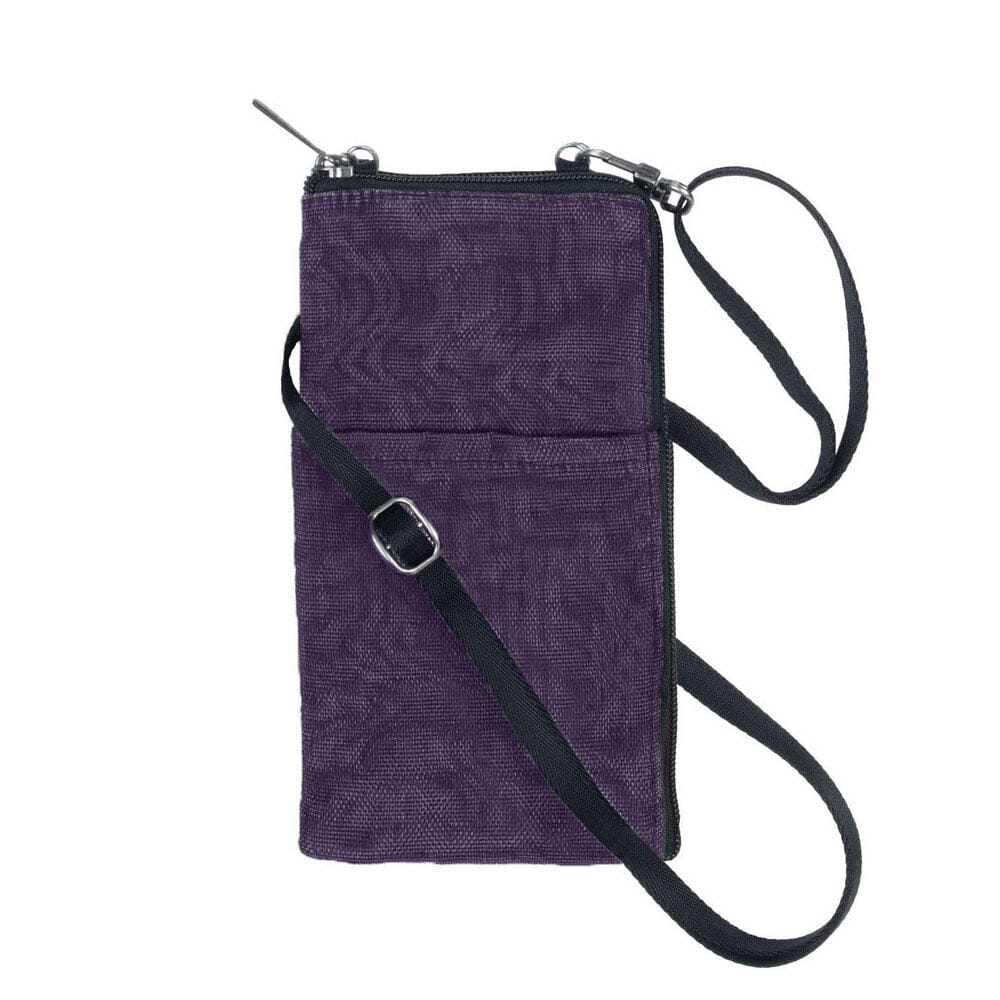 Purple textured crossbody bag with a strap on a white background