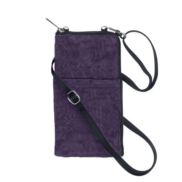 Purple textured crossbody bag with a strap on a white background