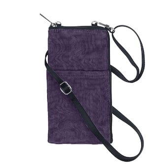 Purple crossbody bag with a strap on a white background