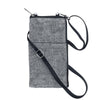 Gray textured crossbody bag with a black strap on a white background