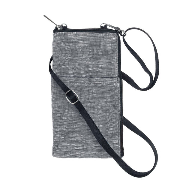 Gray textured crossbody bag with a black strap on a white background
