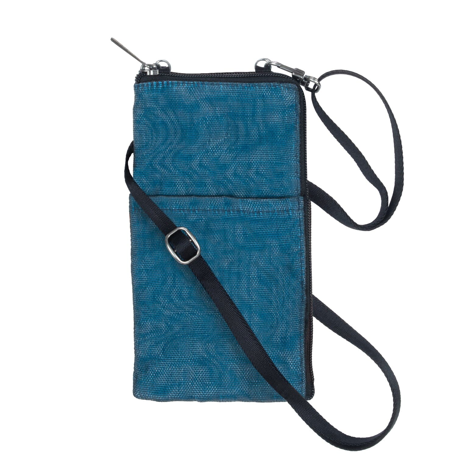 Blue crossbody bag with a strap on a white background