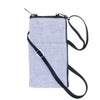 Light blue crossbody bag with a black strap on a white background