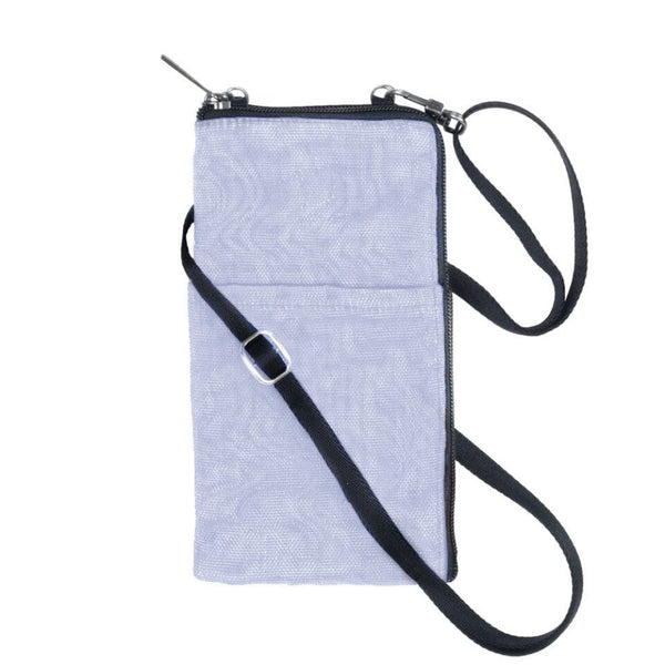 Light blue crossbody bag with a black strap on a white background