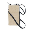 Beige crossbody bag with a black strap on a white background