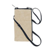 Beige crossbody bag with a black strap on a white background
