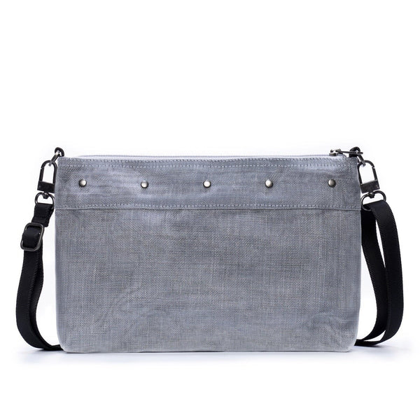 HHPLIFT Plus Crossbody bag in grey sustainable handmade purse with top zipper closure