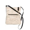 Beige crossbody bag with black strap on a white background