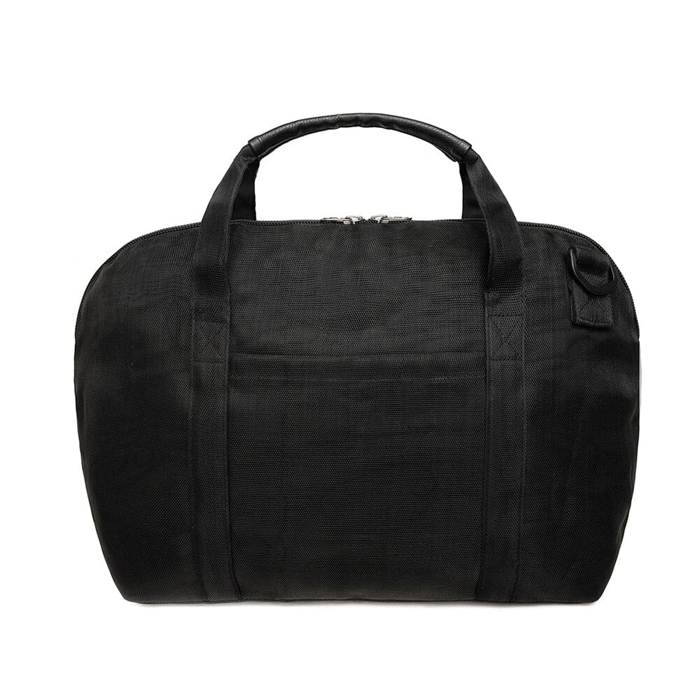 Black duffel bag on a white background