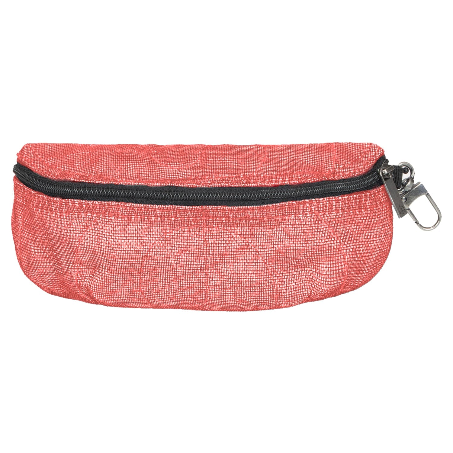 Red mesh pouch with a black zipper on a white background