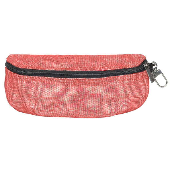Red mesh pouch with a black zipper on a white background