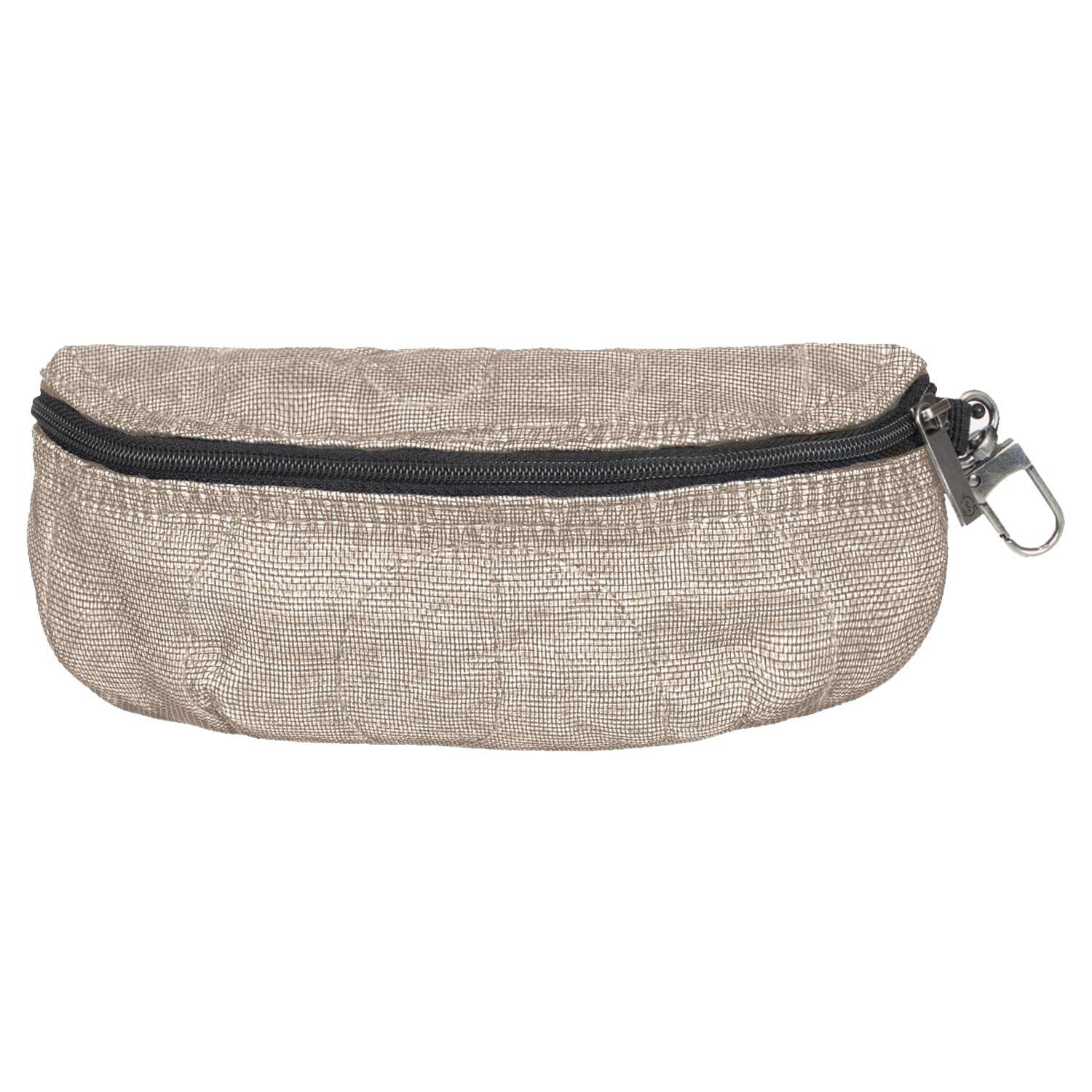 Beige eyeglass case with a black zipper on a white background