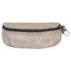 Beige eyeglass case with a black zipper on a white background