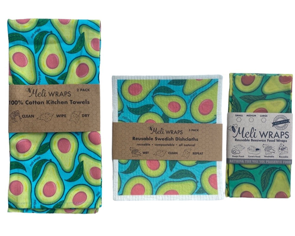 Meli Wraps Avocado Gift Set including beeswax wraps, cotton kitchen towels and Swedish dishcloths
