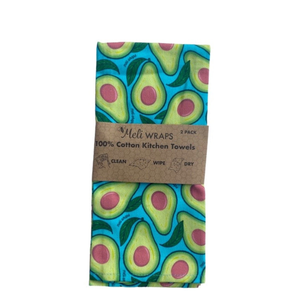 Eco-friendly avocado print kitchen bundle with beeswax wraps and reusable dishcloths by Meli Wraps