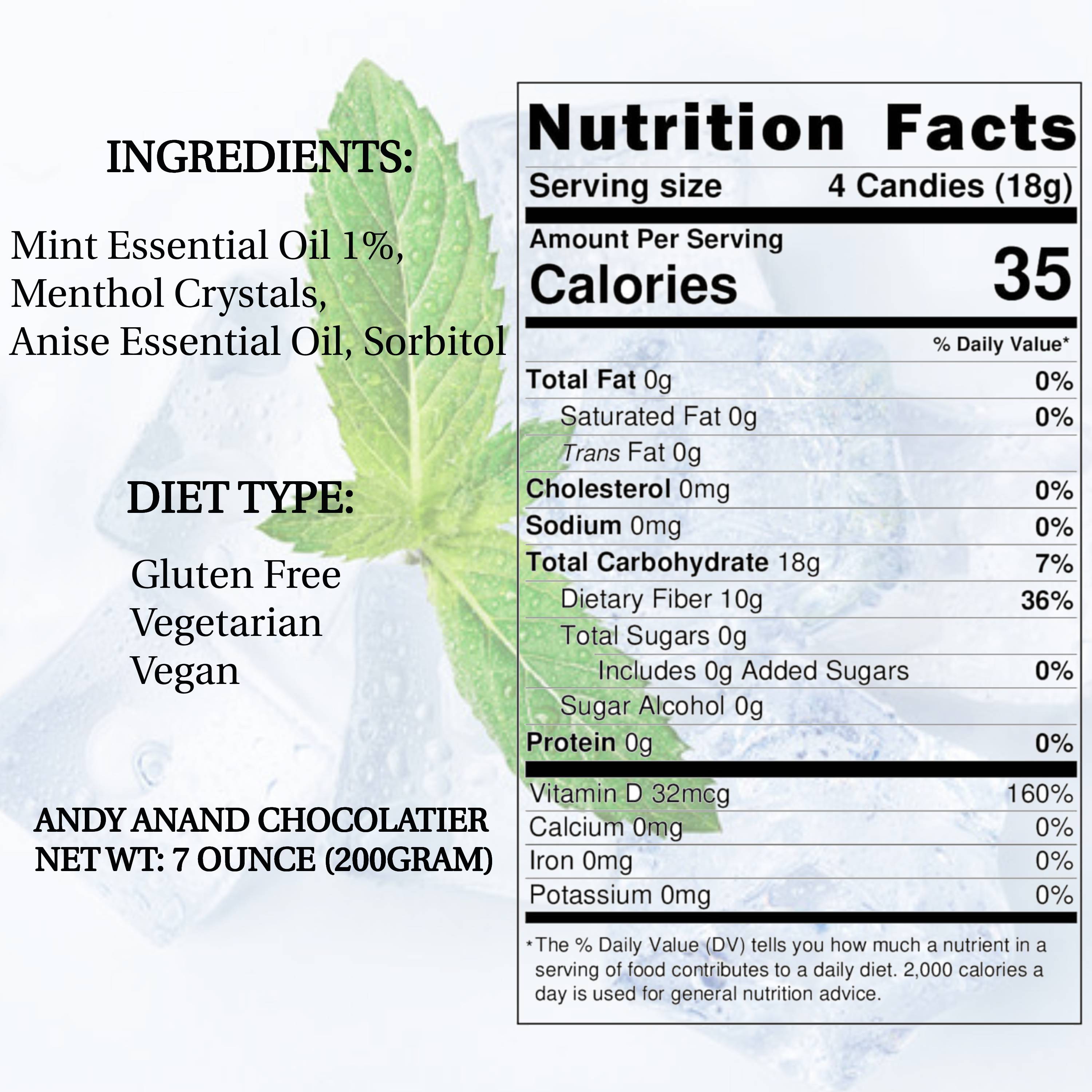 Nutrition facts label for a product with mint essential oil, featuring an ingredient list and product details.