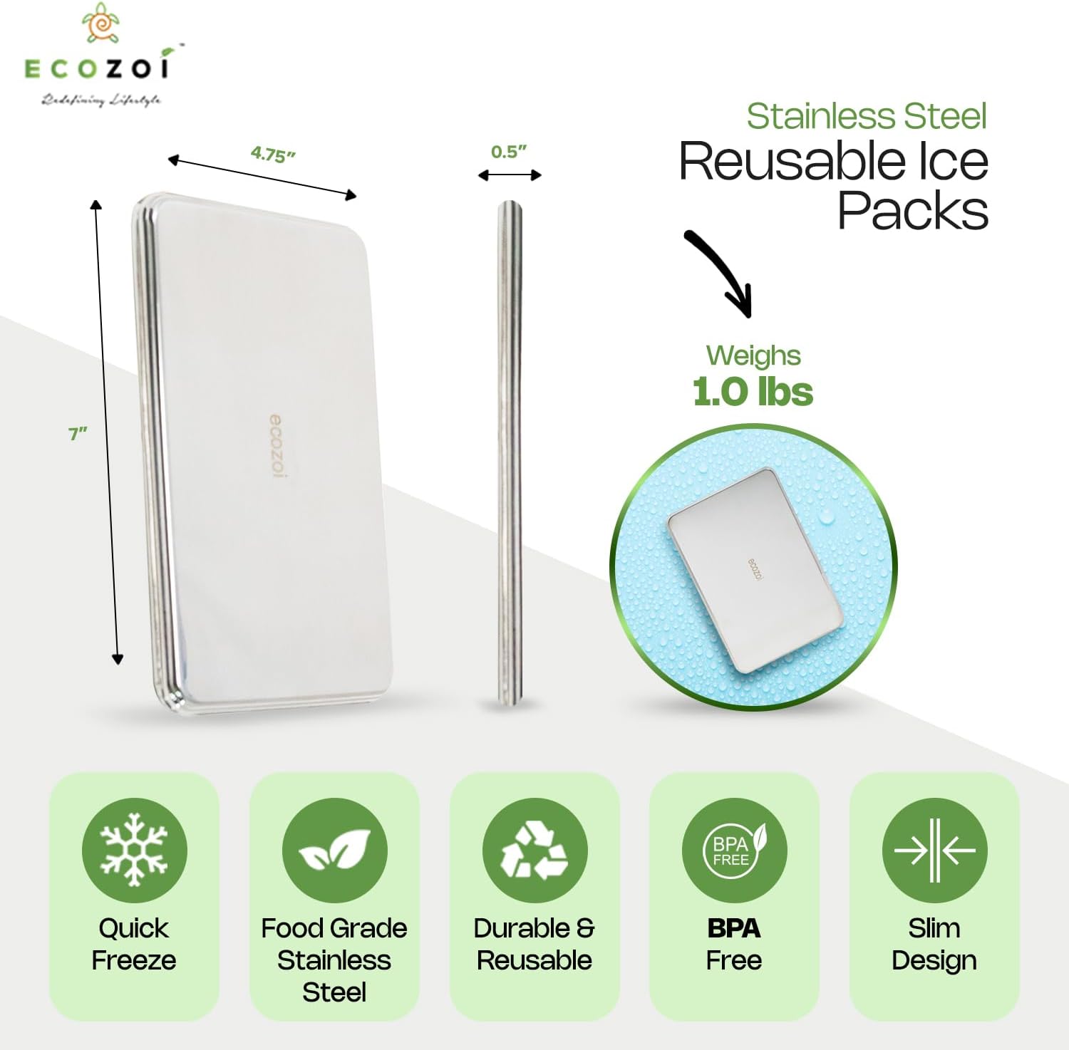 Ecozoi stainless steel ice packs next to eco-friendly bento box and food containers