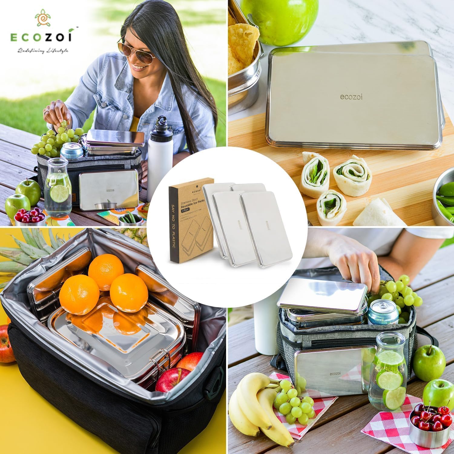 Close-up of Ecozoi reusable stainless steel freezer pack showing slim profile and size