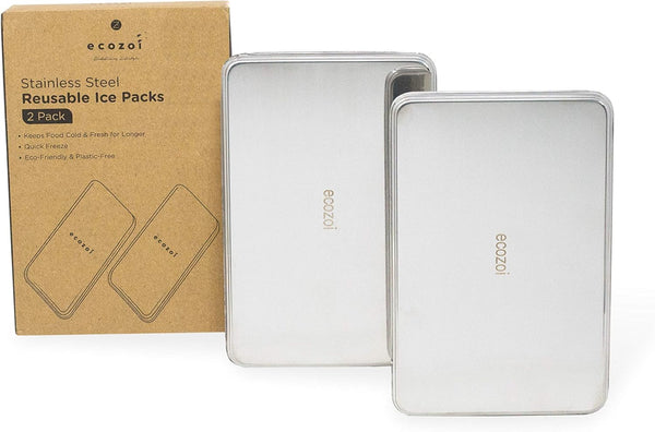 Ecozoi stainless steel ice packs for lunch boxes, reusable 2 pack on white background