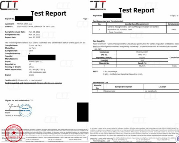 Test report document with CTT branding and certification logos.
