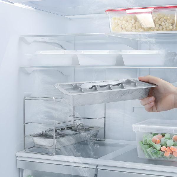 Person placing an ice cube tray into a refrigerator.