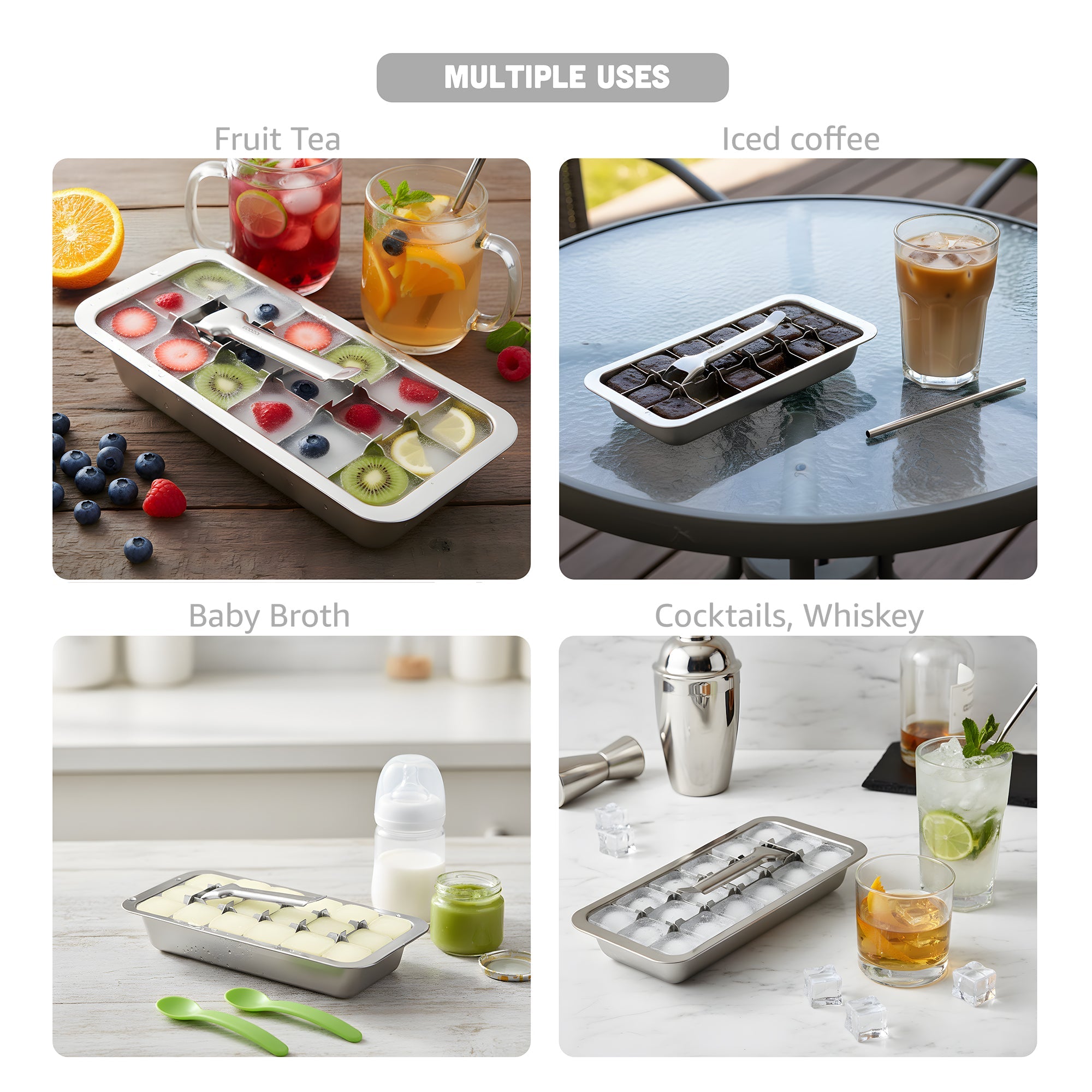 Eco-friendly stainless steel ice trays in zero-waste recycled packaging — sustainable kitchen gift