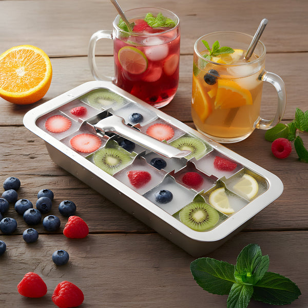 Food-grade 18/8 stainless steel ice tray with easy release handle for clean, safe ice cubes