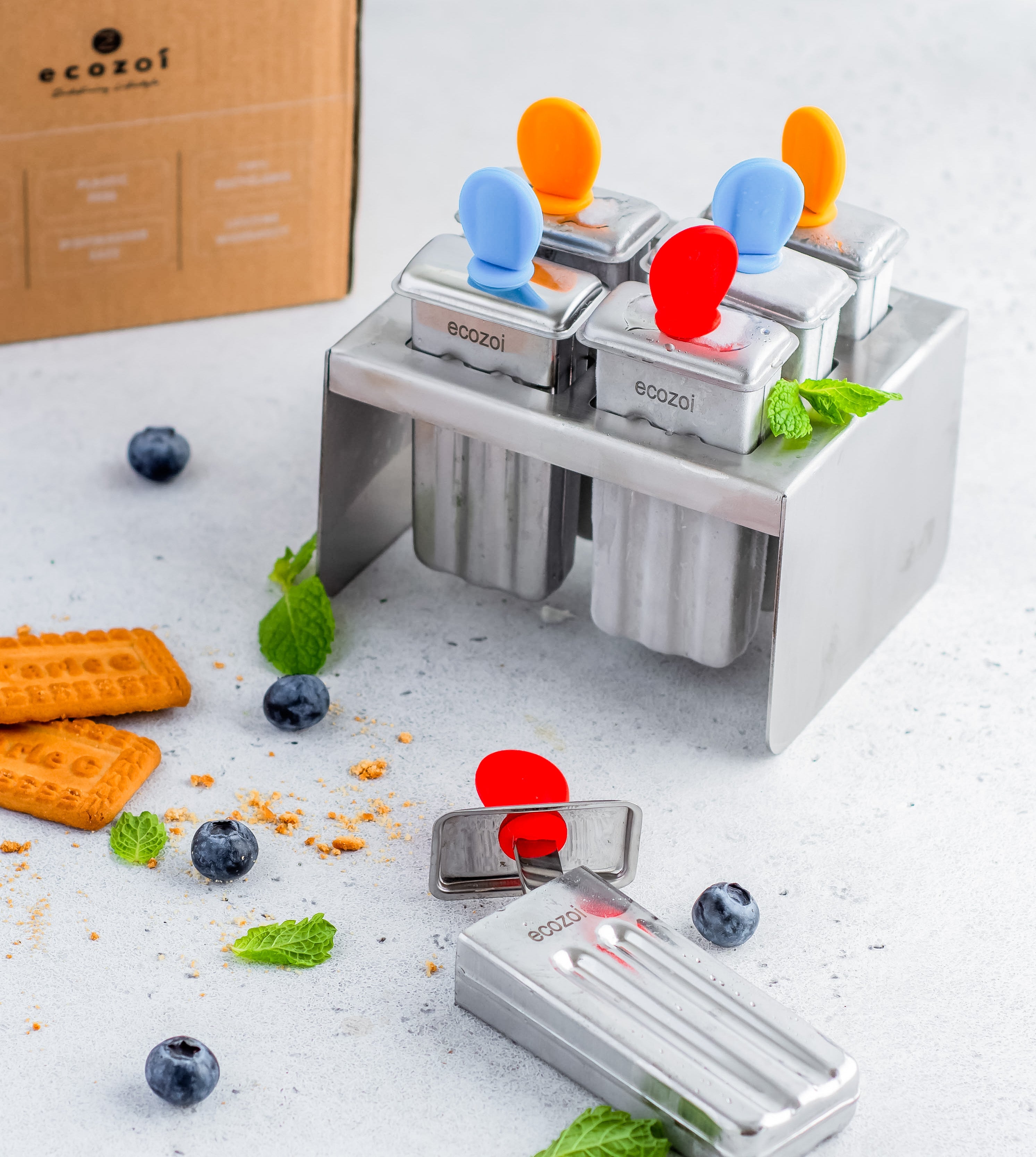 Plastic-free popsicle molds with reusable stainless steel sticks. Eco-friendly, dishwasher safe, and perfect for homemade frozen treats. Shop sustainable!