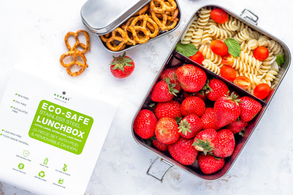 Ecozoi 2-compartment stainless steel lunch box with removable divider, open and filled with food