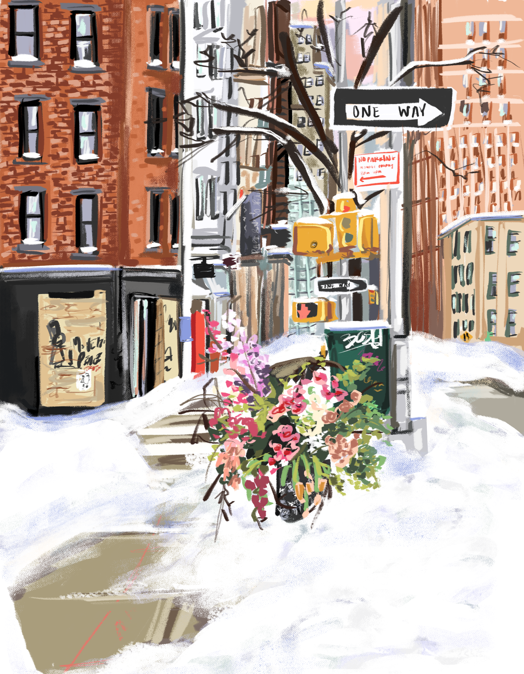 City street scene with snow, flowers, and buildings