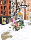 City street scene with snow, flowers, and buildings