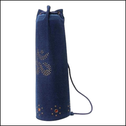 OMSutra Indigo Denim Yoga Mat Bag with hand-embellished OM rivet design, cotton twill, pull-cord closure and grommet ventilation