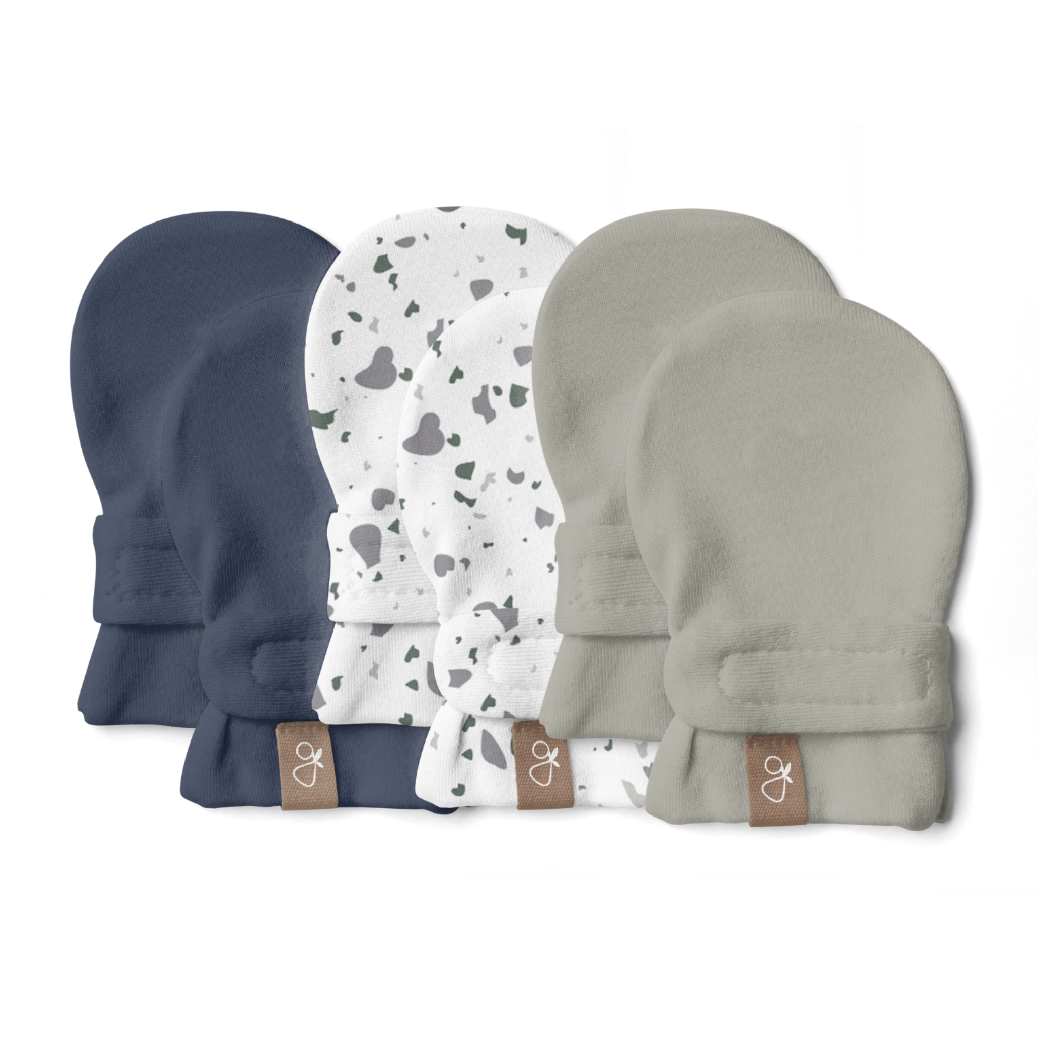 Set of three baby hats in blue, white with gray pattern, and gray on a white background