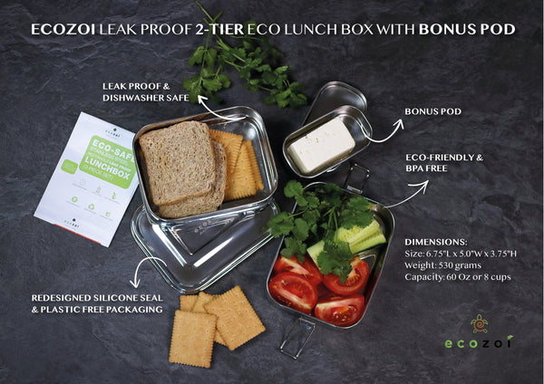 Infographic showing leak-proof silicone seal and stackable tier design of Ecozoi stainless steel lunch box