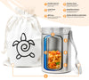 Stainless steel food container with a drawstring bag featuring a turtle design on a beige background.