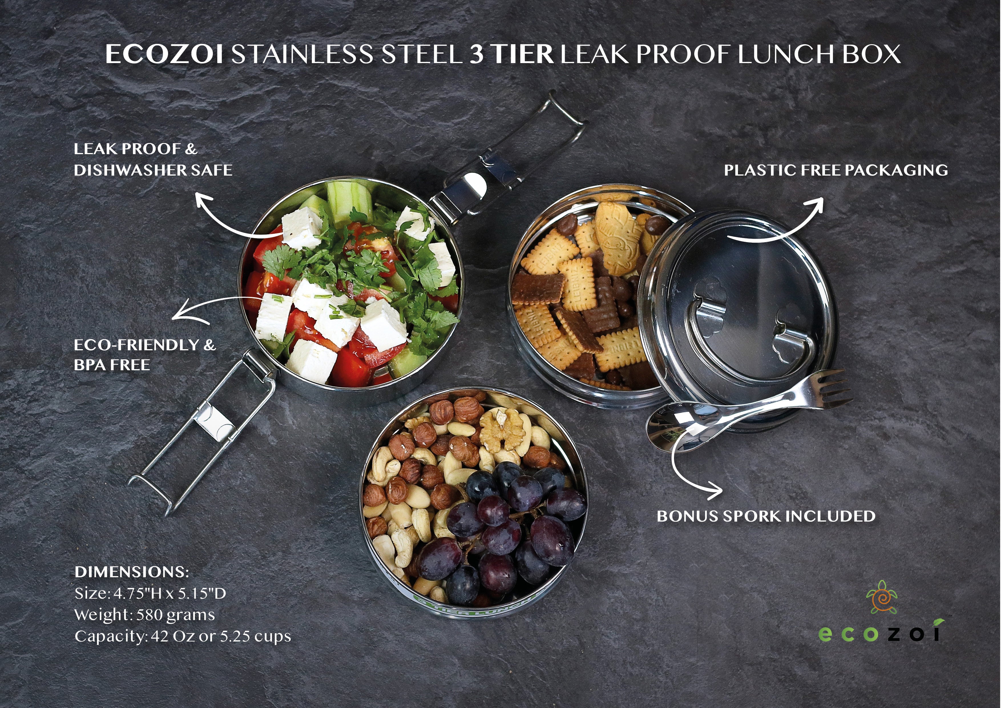 Infographic showing features of the Ecozoi 3-tier round stainless steel lunch box including capacity, materials and leakproof latches