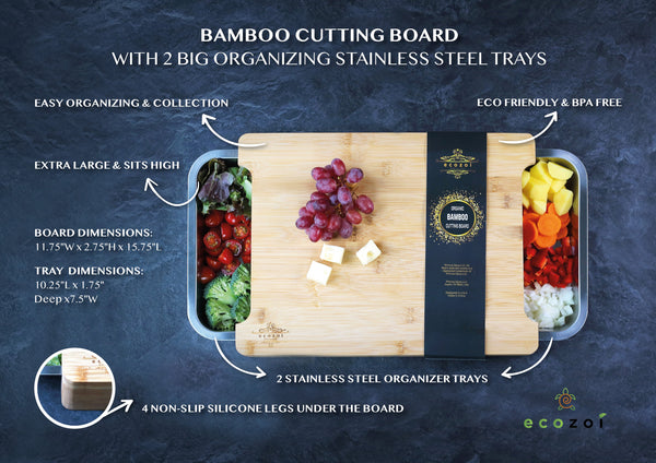 Bamboo cutting board with stainless steel trays on a dark blue background