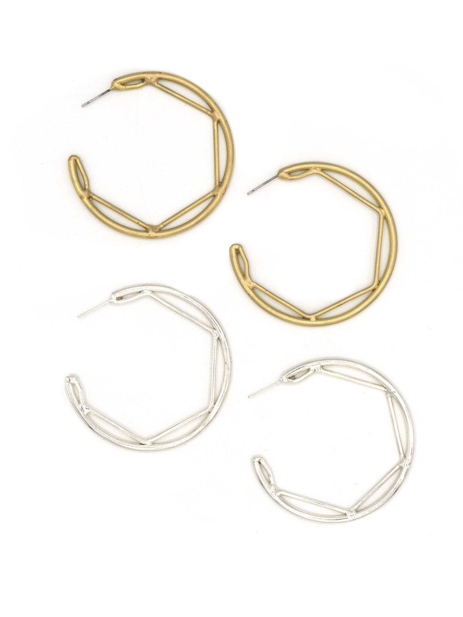 Fair Anita Inside Hex Hoops – brass and silver geometric hoop earrings, both finishes shown side by side