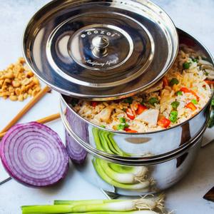 Ecozoi stainless steel Instant Pot insert pans shown with food examples — rice, vegetables and more