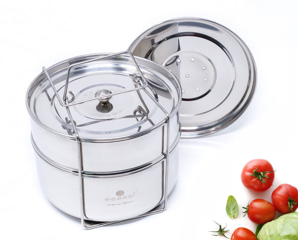 Ecozoi 2-tier stackable stainless steel Instant Pot insert pans with lids for 6 Qt and 8 Qt pressure cookers